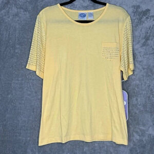 Diane Gilman 1X Shirt Top Yellow Solid Short Sleeve Round Neck Cotton Embellish